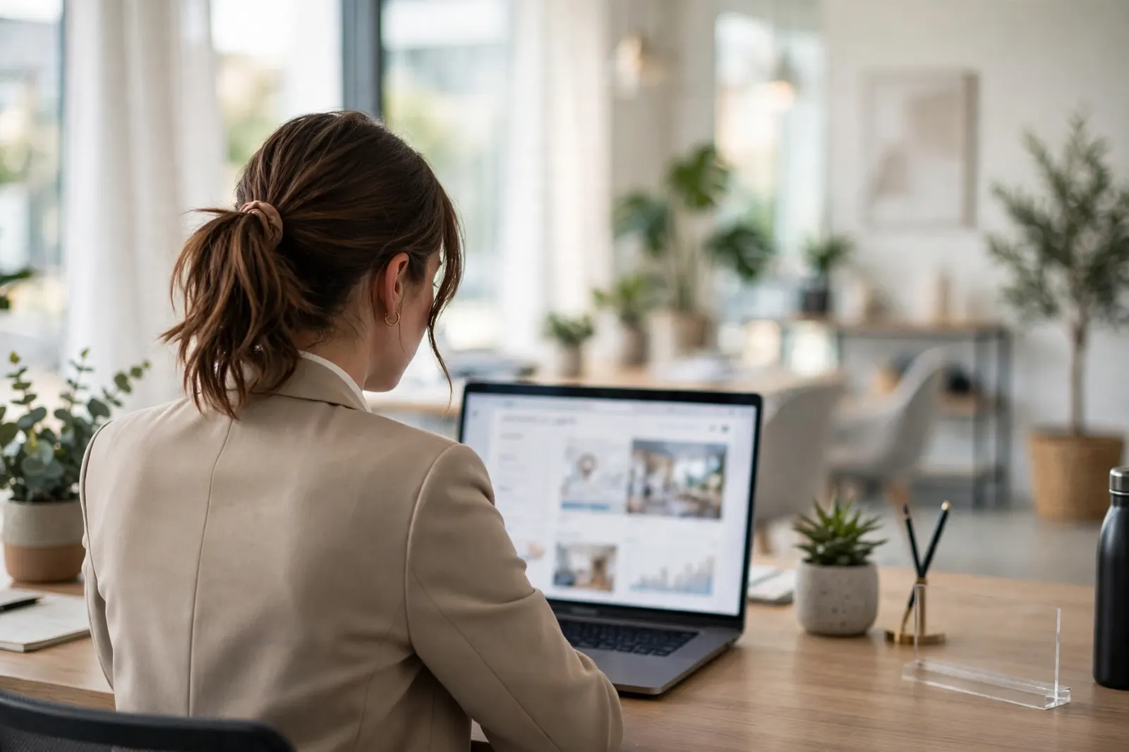 A real estate agent working at a desk with a laptop
