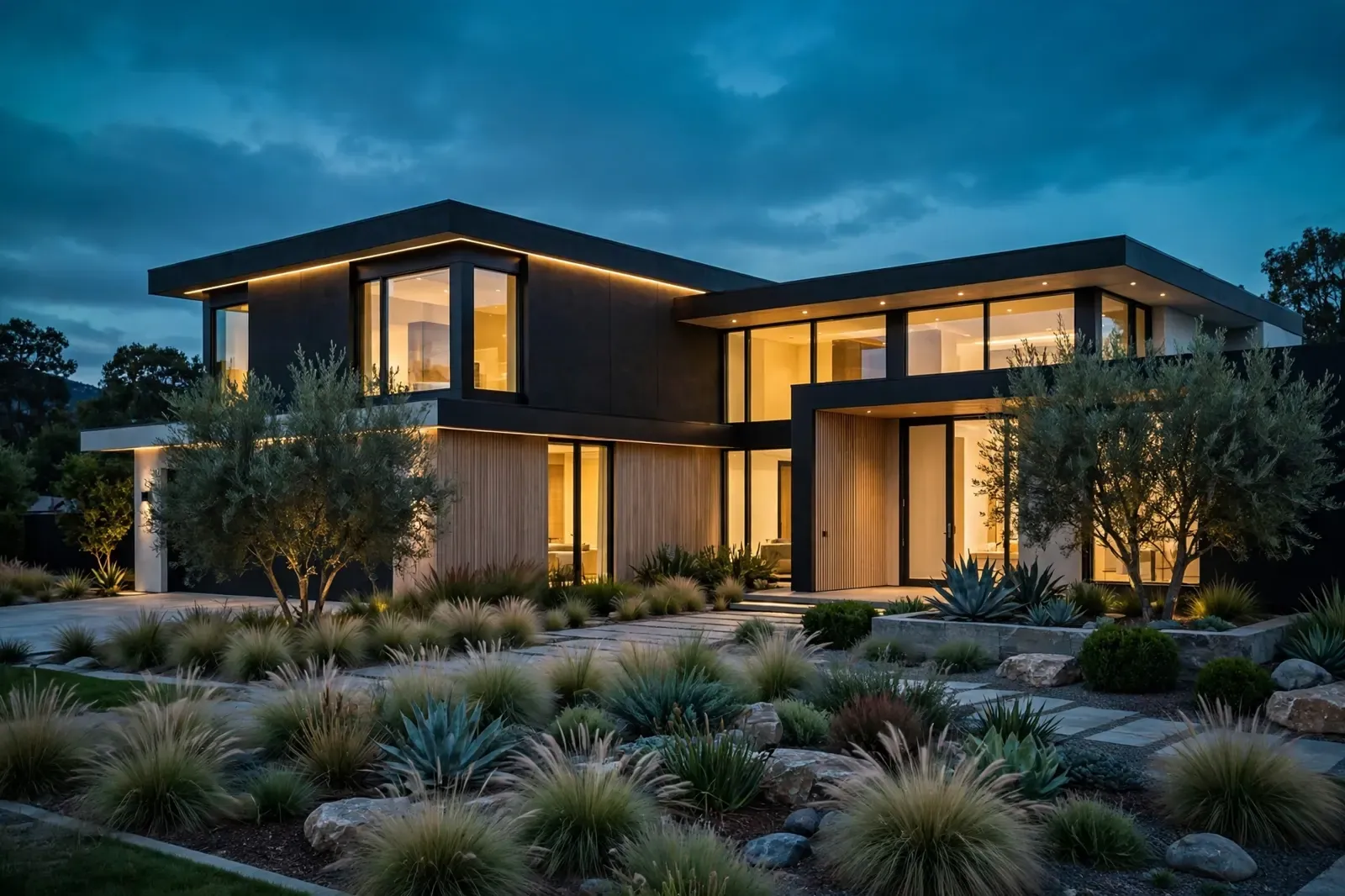 A modern home at dusk, warmly lit